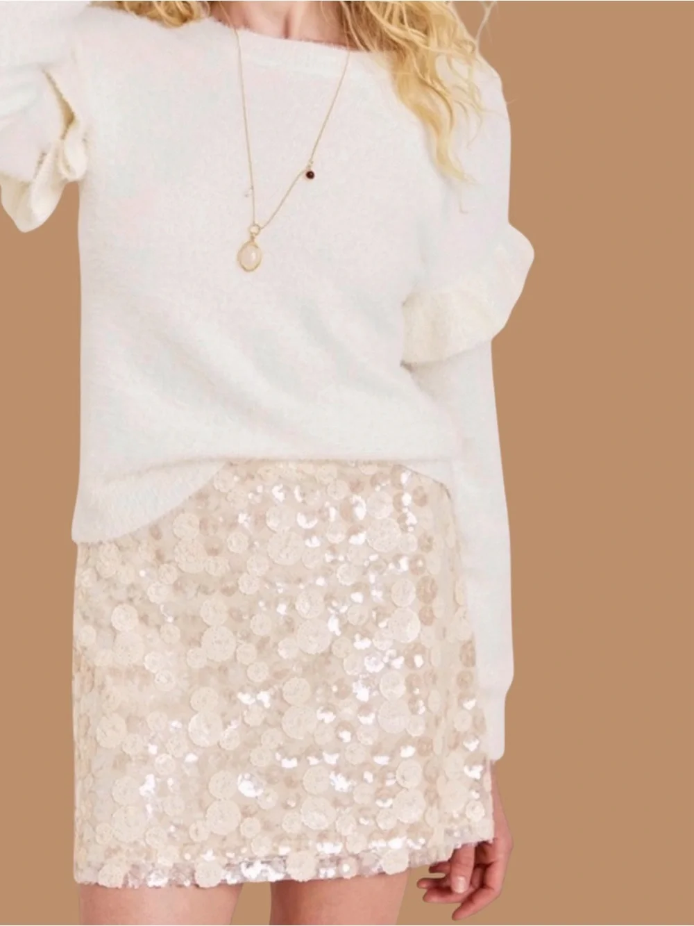 Francesca’s Floral Sequin Mini Skirt M Champagne Ivory Bridal Bachelorette NWT